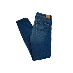 American Eagle High Rise Jegging Dark‎ Denim Distressed Sz 8 Long Skinny